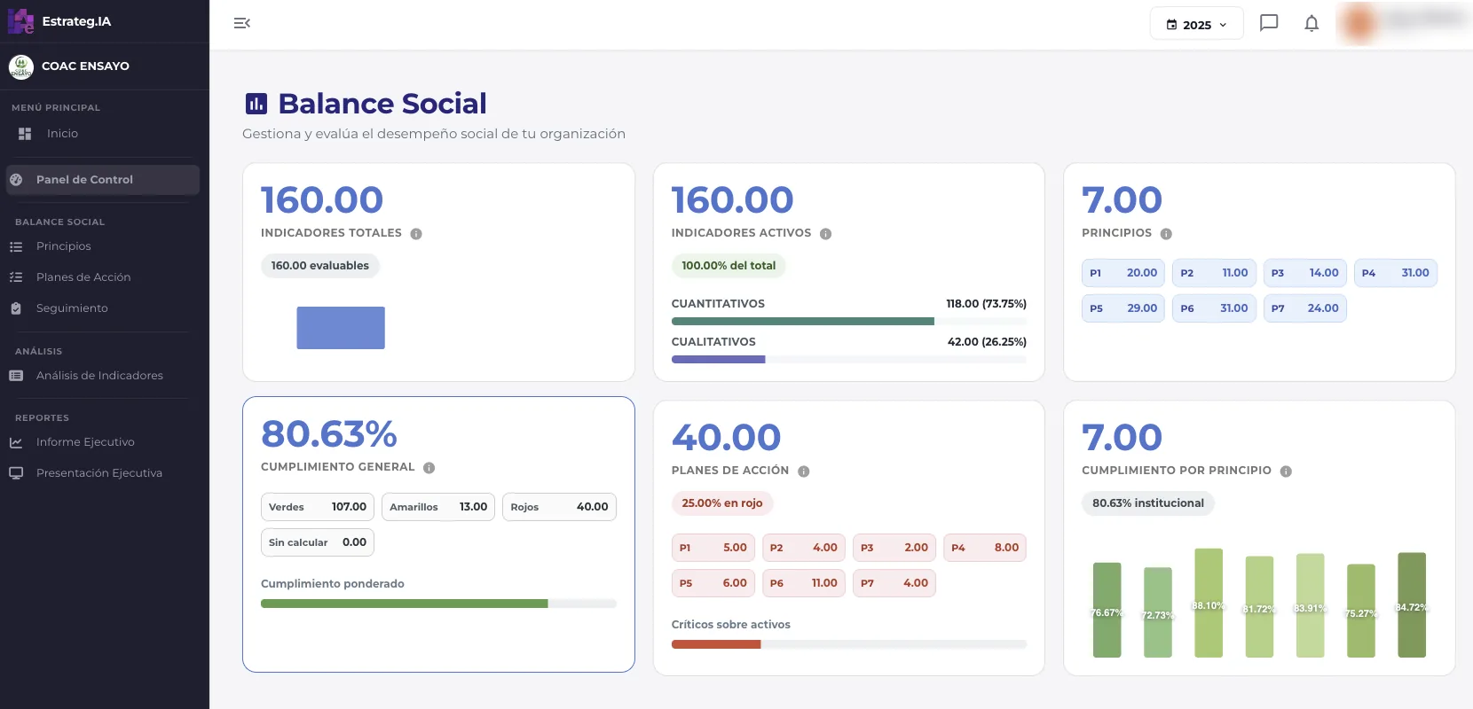 Estrateg.IA dashboard with Social Balance indicators, overall compliance, action plans and compliance by cooperative principle.